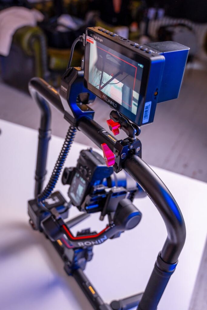A camera mounted on a tripod with a monitor