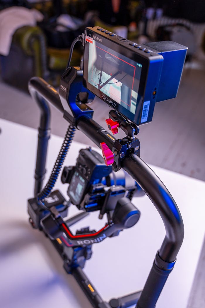 A camera mounted on a tripod with a monitor